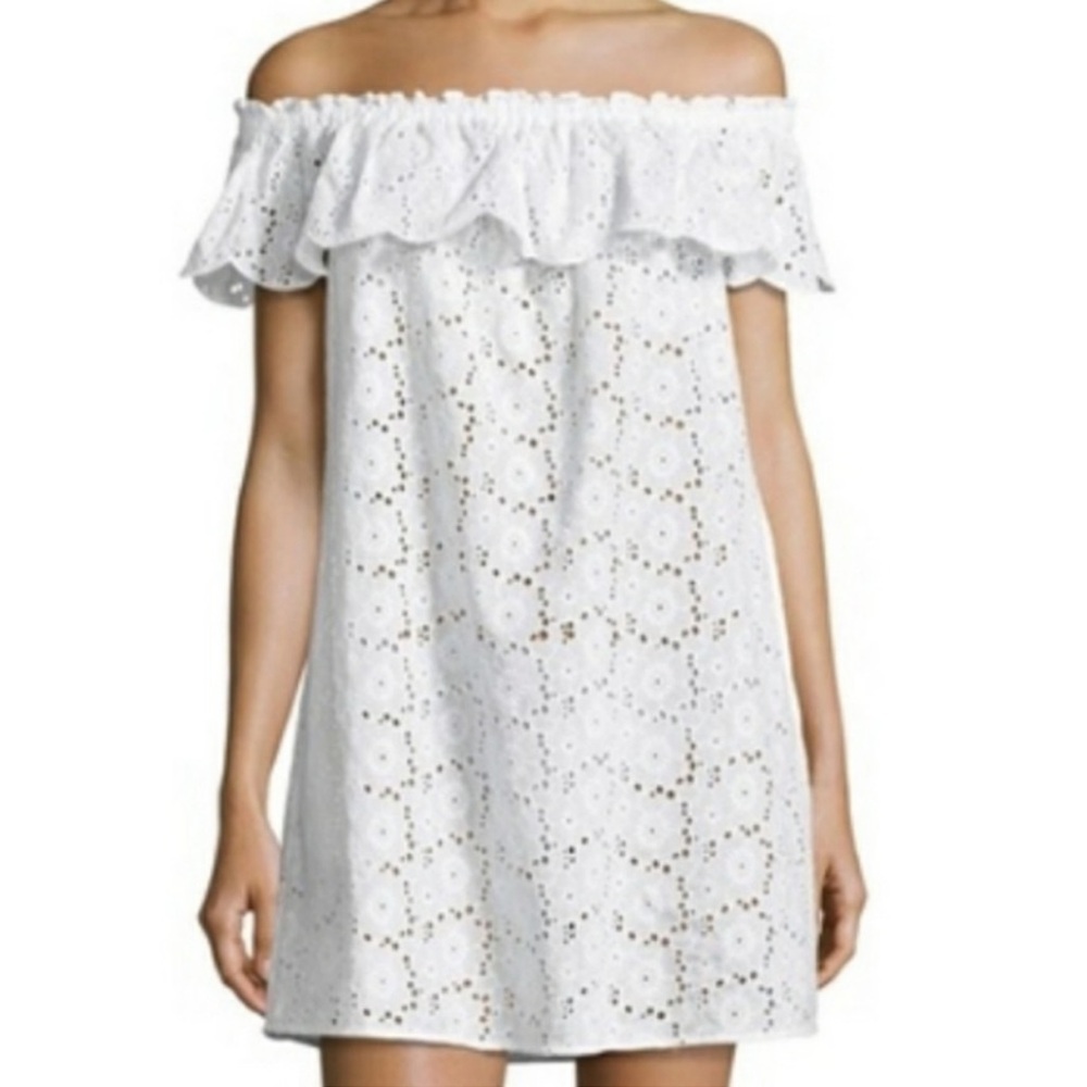 Tory Burch white broderie off the shoulder mini dress w/pockets